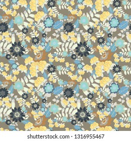 Vector floral gray, blue and yellow texture pattern. Seamless pattern can be used for wallpaper, pattern fills, printing, surface textures, fabric or textile.