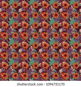 Vector floral green, brown and red texture pattern. Seamless pattern can be used for wallpaper, pattern fills, printing, surface textures, fabric or textile.