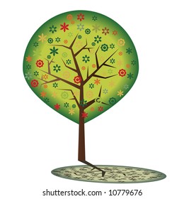 Vector - Floral green colorful spring tree with shadow.