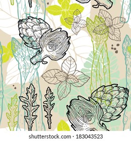 Vector floral green pattern with organic plants, herbs and vegetables.