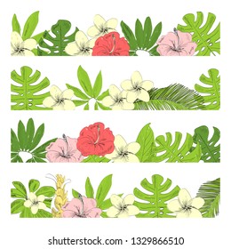 Vector floral greenery borders with tropical leaves and flowers.