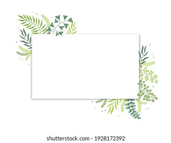 Diseño de tarjetas de verdor floral vectorial: hojas verdes, plantilla de marco. Invitación a la boda, afiche, invitación, postal, decoración para el texto. Verano de primavera. Ilustración artística dibujada a mano.
