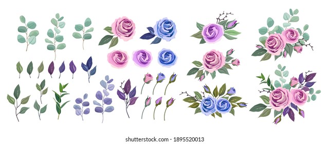 Vector floral greenery collection. Set with roses, leaves and bouquet composition
