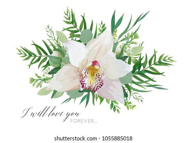 Vector floral greeting card design with elegant bouquet of white pink tropical orchid flower, lilac, eucalyptus green branches, greenery herbs, palm leaves. Romantic editable isolated designer element