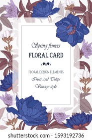 Vector floral greeting card with a frame of watercolor tulips, chrysanthemums and jasmine