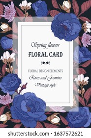 Vector floral greeting card with a frame of watercolor blue roses, chrysanthemums and white jasmine