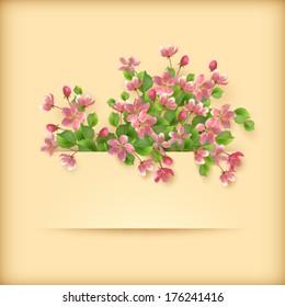 Vector floral greeting card with pink cherry blossom flowers, leaves and banner on holiday spring background. Perfect for wedding, birthday or invitation design