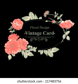 Vector floral greeting card with red blossom roses on dark background, spring background for birthday or invitation design 