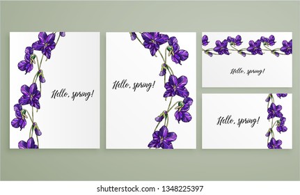 Vector floral greeting card set with violets flowers. Violet fragrant