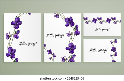 Vector floral greeting card set with violets flowers. Violet fragrant