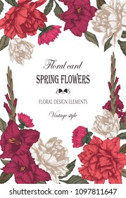 Vector floral greeting card with tulips, gladiolus and dahlias