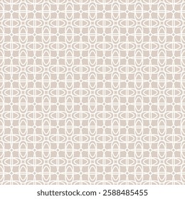 Vector floral grid ornament. Abstract geometric seamless pattern with mesh, lattice, flower silhouettes, curved lines, net, repeat tiles. Simple background texture. Subtle light beige repeated design