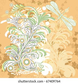 vector floral grunge background with dragonfly. eps 10