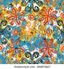 Vector floral grunge pattern on splash and sprayed watercolor paint. Bold ethnic and tribal print with flowers in bright color on hand drawn background. Seamless bohemian texture in boho chic style
