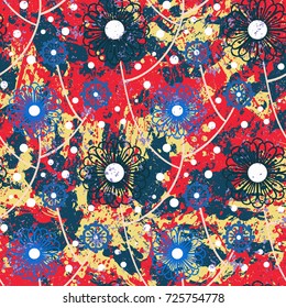 Vector floral grunge pattern on watercolor paint. Bold ethnic and tribal print with abstract flowers in red blue color on hand drawn background. Seamless bohemian texture in boho chic style