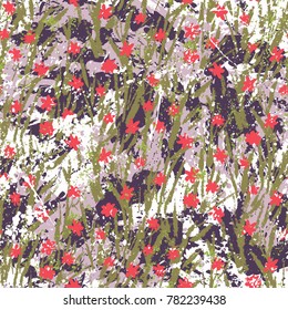 Vector floral grunge pattern on splashed and splattered watercolor paint. Modern print with small ditsy flowers in bright colors on hand drawn background. Seamless bohemian texture in boho chic style