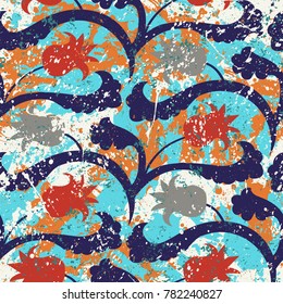 Vector floral grunge pattern on splashed and splattered watercolor paint. Bold modern print with tulips flowers in bright colors on hand drawn background. Seamless bohemian texture in boho chic style