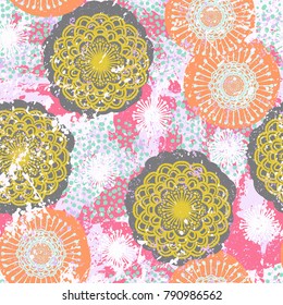 Vector floral grunge pattern on splash and splattered watercolor paint. Bold ethnic and tribal print with flowers in bright color on hand drawn background. Seamless bohemian texture in boho chic style