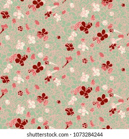 Vector floral grunge pattern in pastel color. Modern print with small hand drawn ditsy flowers on white background. Seamless bohemian texture in boho chic style, very girly and feminine