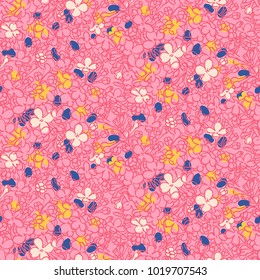 Vector floral grunge pattern in pink color. Modern print with small hand drawn ditsy flowers on white background. Seamless bohemian texture in boho chic style, very girly and feminine