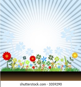 Vector- Floral grunge with sunflower, vines and grass. Copy space for text.