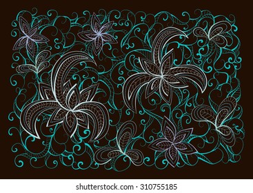 Vector floral hand drawn background pattern. Blue and brown background.
