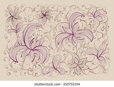 Vector floral hand drawn background pattern. Light beige and burgundy background.