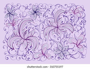 Vector floral hand drawn background pattern. Light  purple and blue background.
