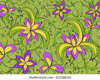 Vector floral hand drawn background pattern. Green, violet and yellow background.