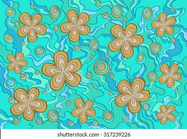 Vector floral hand drawn background pattern. Light  blue, light green and beige background.