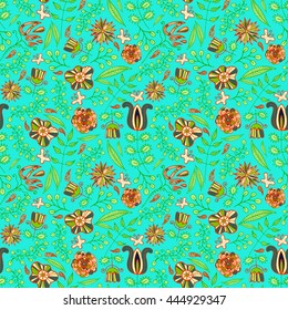 vector floral hand drawn doodle seamless pattern with colorful blooming flowers and leafs.vector illustration