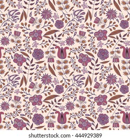 vector floral hand drawn doodle seamless pattern with colorful blooming flowers and leafs.vector illustration