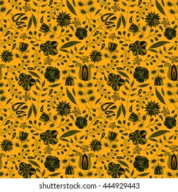 vector floral hand drawn doodle seamless pattern with colorful blooming flowers and leafs.vector illustration