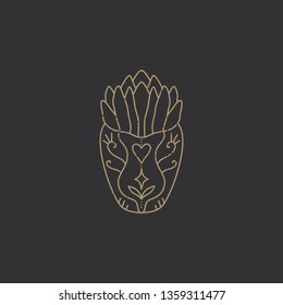 Vector floral hand drawn element. Design with house plant, gold silhouette on dark background. Clip art, label or logo