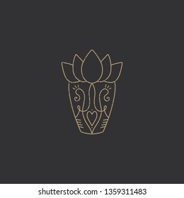 Vector floral hand drawn element. Design with house plant, gold silhouette on dark background. Clip art, label or logo