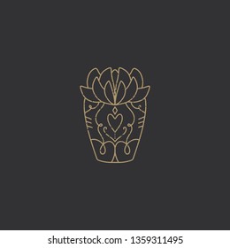 Vector floral hand drawn element. Design with house plant, gold silhouette on dark background. Clip art, label or logo