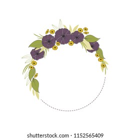 Vector floral hand drawn frame. Flowers and leaves in a round arrangement. For greeting cards, weddings, stationery, invitations, scrapbooking. Cute doodle style. Part of a large floral collection.