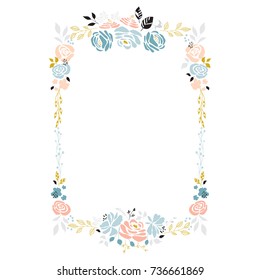 Vector floral hand drawn frame. Flowers and leaves in a rectangular arrangement. For greeting cards, weddings, stationery, invitations, scrapbooking. Part of a large floral collection.