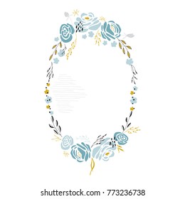 Vector floral hand drawn frame. Flowers and leaves in an oval arrangement. For greeting cards, weddings, stationery, invitations, scrapbooking. Cute doodle style. Part of a large floral collection.