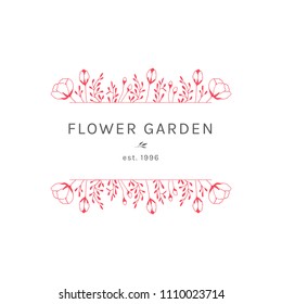 Vector floral hand drawn logo template in elegant and minimal style. Flowers and leaves in a borders arrangement. For badges, labels, logotypes and branding business identity.