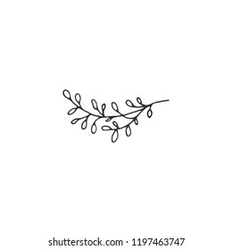 Vector floral hand drawn logo element in elegant and minimal style. Isolated object, branch with leaves. Black on white illustration. For badges, labels, logotypes and branding business identity.