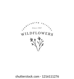 Vector floral hand drawn logo template in elegant and minimal style. Isolated object, flowers and leaves. Black on white illustration. For badges, labels, logotypes and branding business identity.