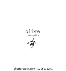 Vector floral hand drawn logo template in elegant and minimal style. Olive branch with leaves and berries. Black on white illustration. For badges, labels, logotypes and branding business identity.