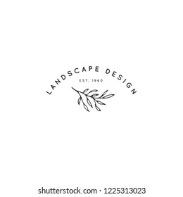 Vector floral hand drawn logo template in elegant and minimal style. Branch with leaves. Black on white illustration. For badges, labels, logotypes and branding business identity.