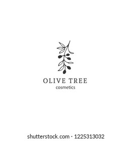 Vector floral hand drawn logo template in elegant and minimal style. Olive branch with leaves and berries. Black on white illustration. For badges, labels, logotypes and branding business identity.