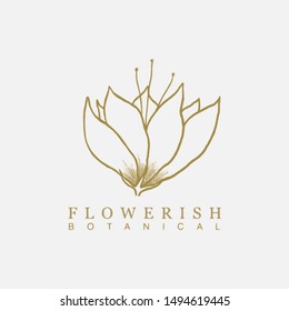 Vector floral hand drawn logo template in elegant and minimal style with gold color on grey background illustration. Botanicals logo. For badges, labels, logotypes and branding business identity.