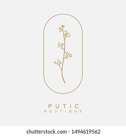 Plantilla de logotipo dibujado a mano floral vectorial en un estilo elegante y mínimo con color dorado en la ilustración de fondo gris. Logotipos de marcos ovalados. Para insignias, etiquetas, logotipos e identidad comercial de marca.