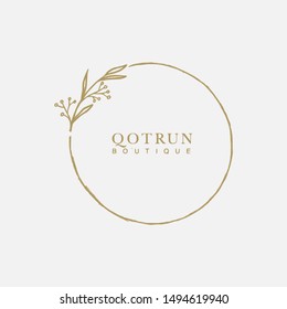 Vector floral hand drawn logo template in elegant and minimal style with gold color on grey background illustration. Circle frames logos. For badges, labels, logotypes and branding business identity.