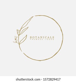 Vector Floral Hand Drawn Logo Template In Elegant And Minimal Style With Gold Color On Grey Background Illustration. Circle Frames Logos. For Badges, Labels, Logotypes And Branding Business Identity.