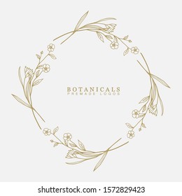 Vector floral hand drawn logo template in elegant and minimal style with gold color on grey background illustration. Circle frames logos. For badges, labels, logotypes and branding business identity.